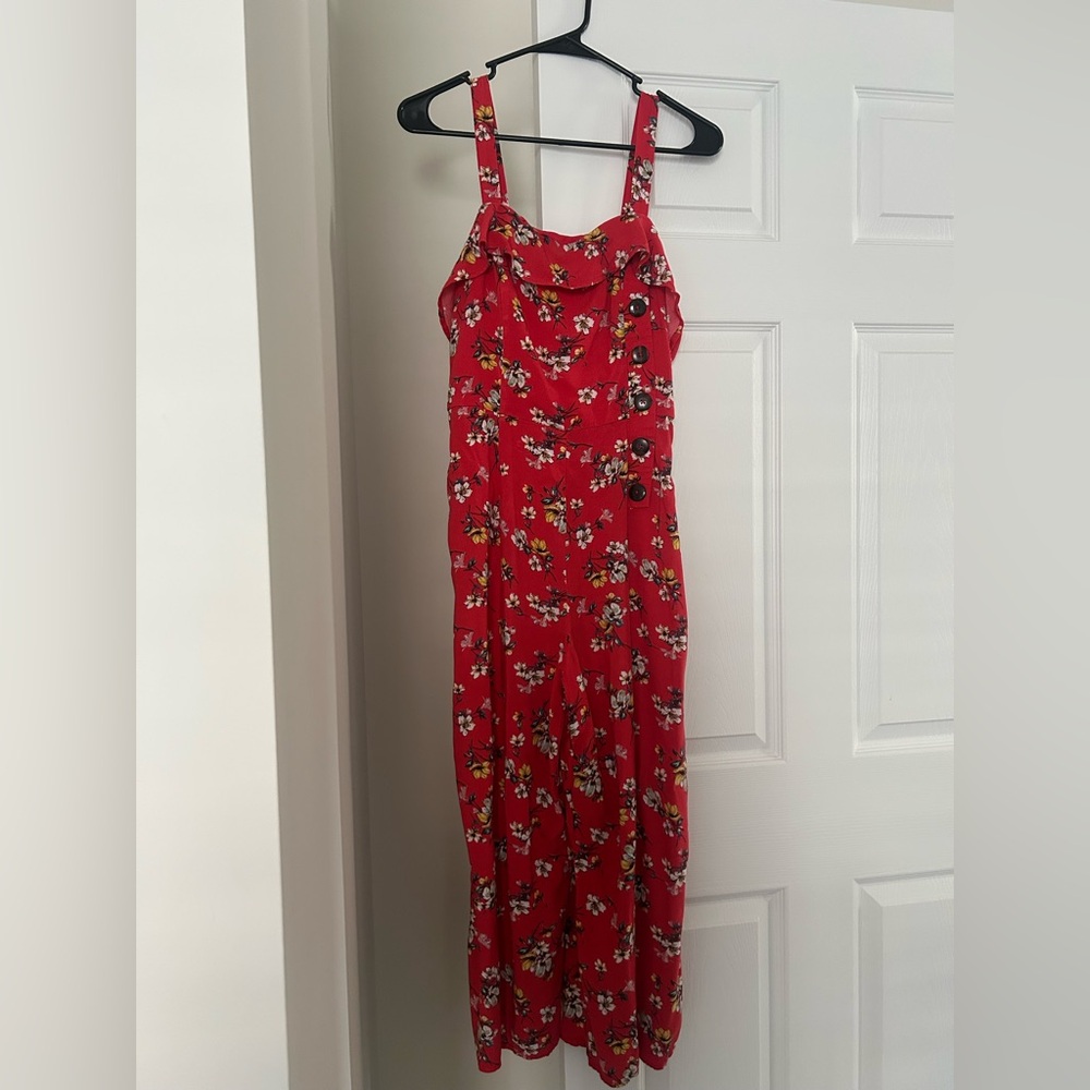 Xhilaration Crimson Crimson Floral Ruffled Button Down Wide Strap Jumpsuit